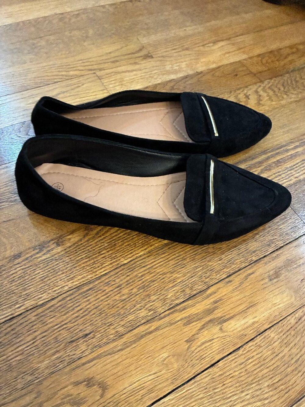 Women's Size 10 Black Suede Flats With Gold Detail